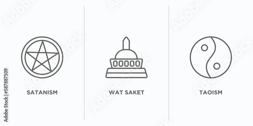 religion outline icons set. thin line icons such as satanism, wat saket, taoism vector. linear icon sheet can be used web and mobile