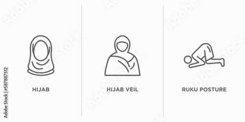 religion collection. outline icons set. thin line icons such as hijab, hijab veil, ruku posture vector. linear icon sheet can be used web and mobile