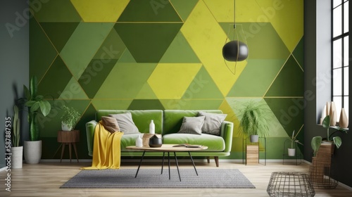 Living Living Room With Full Wall Lime Geometric Interior Design. Generative AI