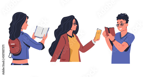 People love reading. Happy men and women holding books. Students in library or bookstore. Guys and girls enjoy of novels. Literature studying. Knowledge and education. Vector readers set