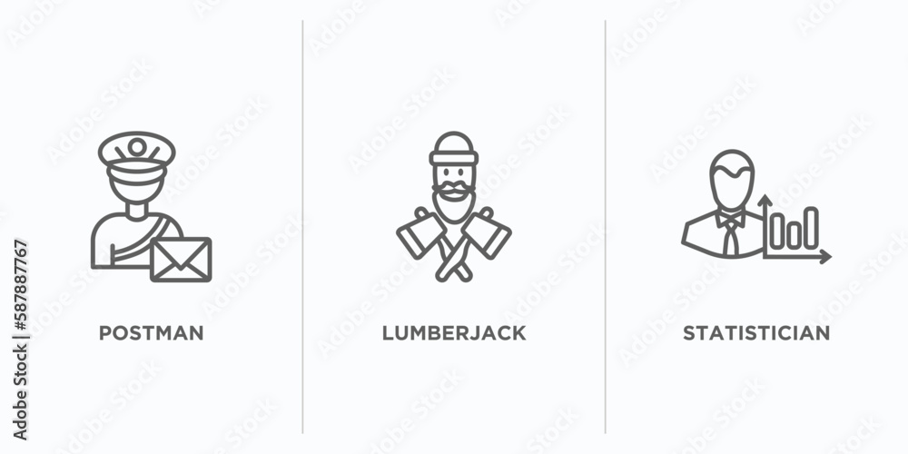professions outline icons set. thin line icons such as postman, lumberjack, statistician vector. linear icon sheet can be used web and mobile professions outline icons set. thin line icons such as postman, lumberjack, statistician vector. linear icon sheet can be used web and mobile