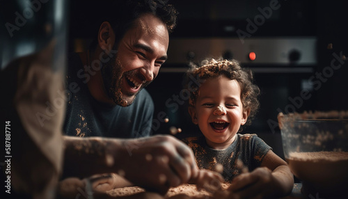 Father and son bonding in cheerful kitchen fun generated by AI
