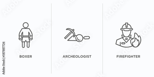 professions outline icons set. thin line icons such as boxer, archeologist, firefighter vector. linear icon sheet can be used web and mobile