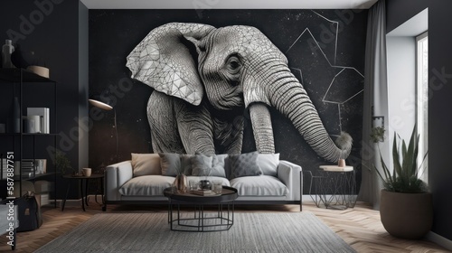 Living Living Room With Full Wall Geometric Elephant Interior Design. Generative AI