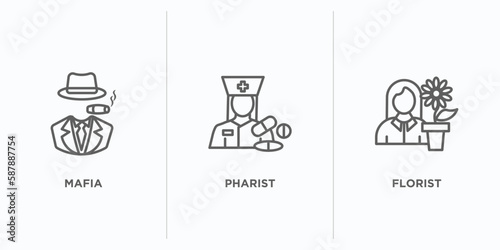 professions outline icons set. thin line icons such as mafia, pharist, florist vector. linear icon sheet can be used web and mobile