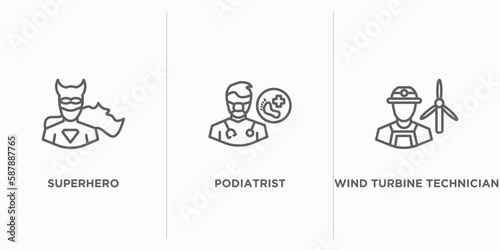 professions outline icons set. thin line icons such as superhero, podiatrist, wind turbine technician vector. linear icon sheet can be used web and mobile