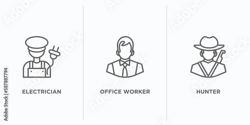 professions outline icons set. thin line icons such as electrician, office worker, hunter vector. linear icon sheet can be used web and mobile