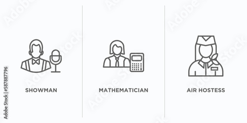 professions outline icons set. thin line icons such as showman, mathematician, air hostess vector. linear icon sheet can be used web and mobile