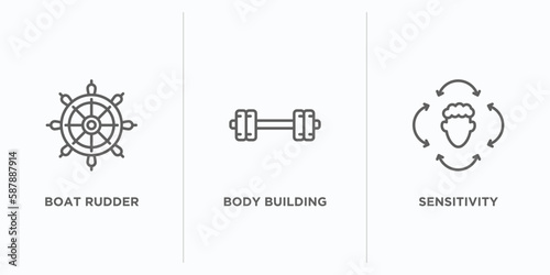 people skills outline icons set. thin line icons such as boat rudder, body building, sensitivity vector. linear icon sheet can be used web and mobile