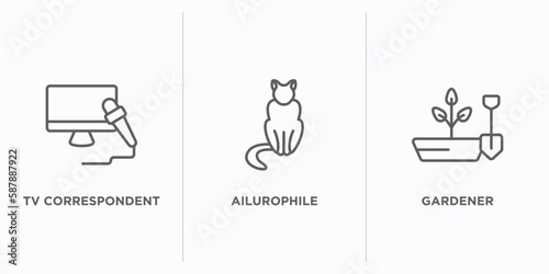 people skills outline icons set. thin line icons such as tv correspondent, ailurophile, gardener vector. linear icon sheet can be used web and mobile