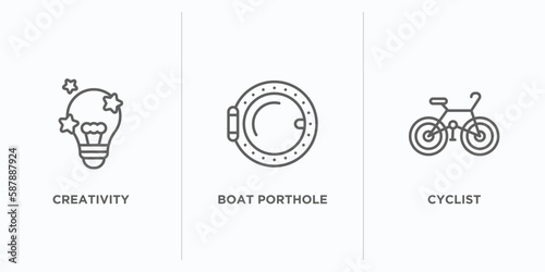 people skills outline icons set. thin line icons such as creativity, boat porthole, cyclist vector. linear icon sheet can be used web and mobile
