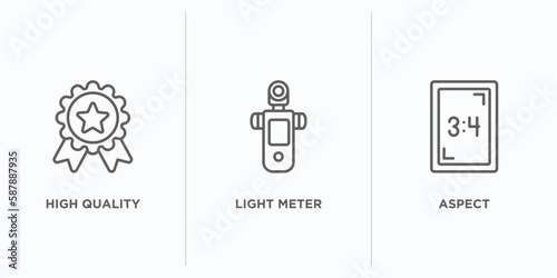 photography outline icons set. thin line icons such as high quality, light meter, aspect vector. linear icon sheet can be used web and mobile