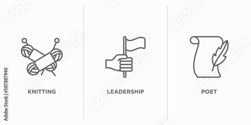 people skills outline icons set. thin line icons such as knitting, leadership, poet vector. linear icon sheet can be used web and mobile
