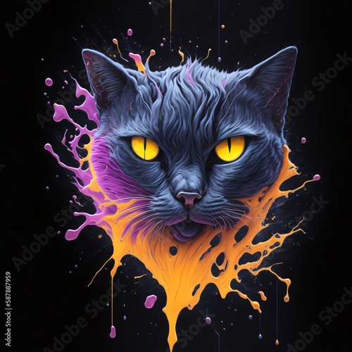 Colorful splash art of a cat head illustration AI-generated using Generative A.I.