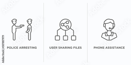 people outline icons set. thin line icons such as police arresting man, user sharing files, phone assistance vector. linear icon sheet can be used web and mobile