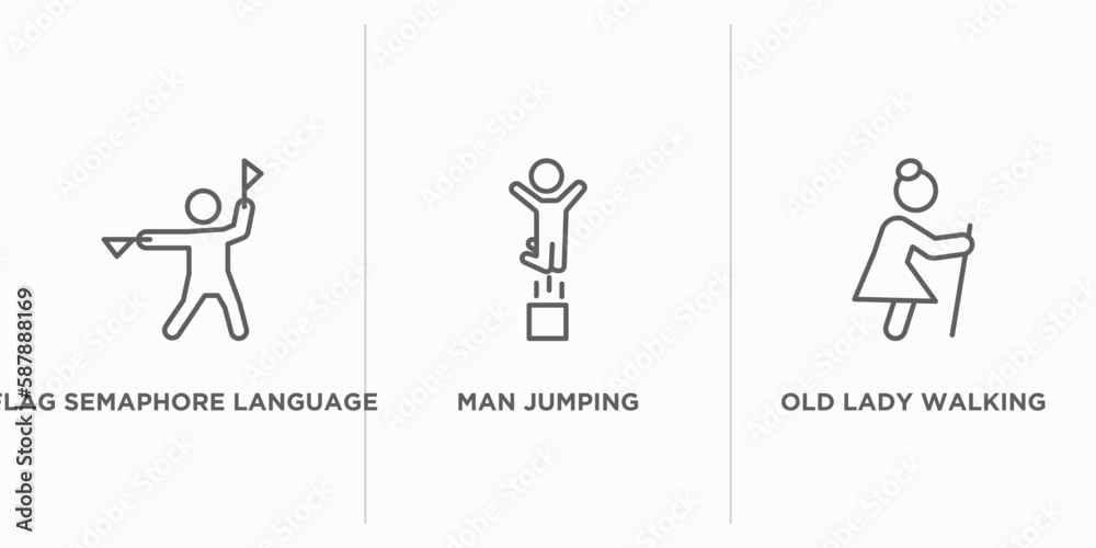 Fototapeta premium people outline icons set. thin line icons such as flag semaphore language, man jumping, old lady walking vector. linear icon sheet can be used web and mobile