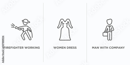 people outline icons set. thin line icons such as firefighter working, women dress, man with company vector. linear icon sheet can be used web and mobile