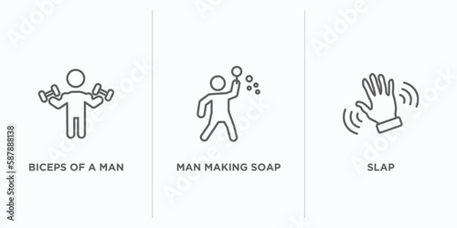 people outline icons set. thin line icons such as biceps of a man, man making soap bubbles, slap vector. linear icon sheet can be used web and mobile