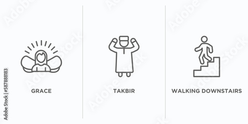 people outline icons set. thin line icons such as grace, takbir, walking downstairs vector. linear icon sheet can be used web and mobile