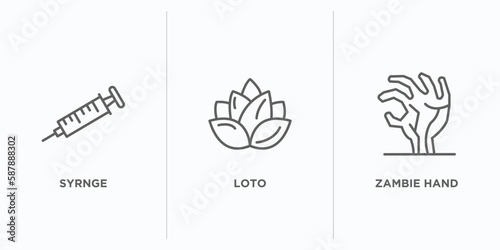 other outline icons set. thin line icons such as syrnge, loto, zambie hand vector. linear icon sheet can be used web and mobile