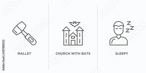 other outline icons set. thin line icons such as mallet, church with bats, sleepy vector. linear icon sheet can be used web and mobile
