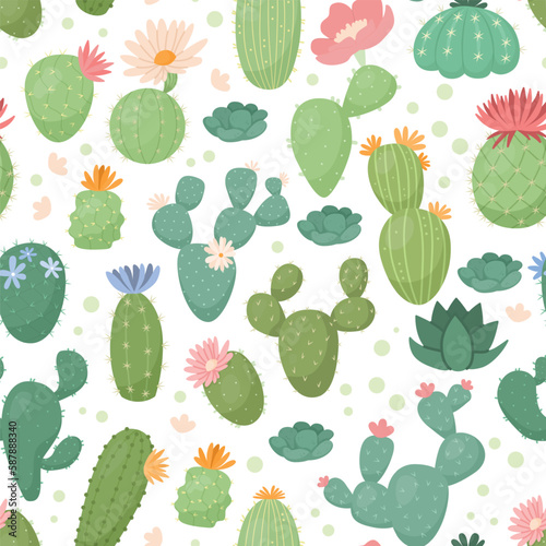 Green cactus pattern, different plants. Bright paper wrap paper design, cute summer print, cute succulents and flowers. Decor textile, wrapping and wallpaper. Vector seamless illustration