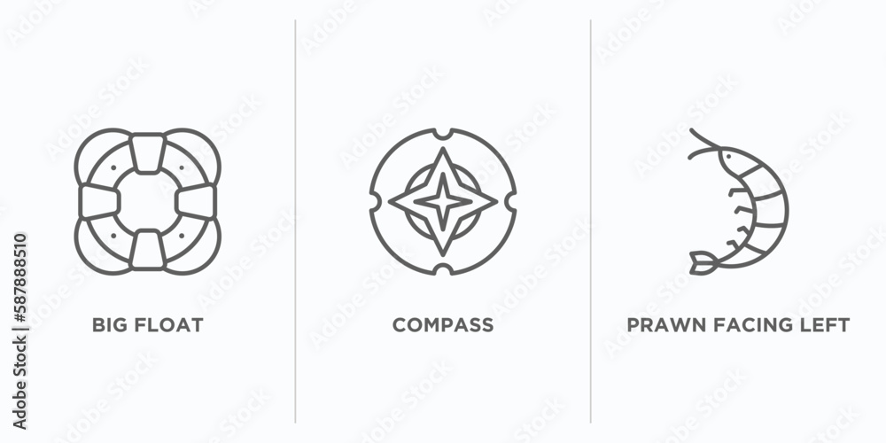 nautical outline icons set. thin line icons such as big float, compass, prawn facing left vector. linear icon sheet can be used web and mobile