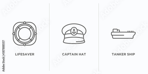 nautical outline icons set. thin line icons such as lifesaver, captain hat, tanker ship vector. linear icon sheet can be used web and mobile