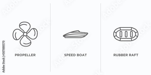 nautical outline icons set. thin line icons such as propeller, speed boat, rubber raft vector. linear icon sheet can be used web and mobile