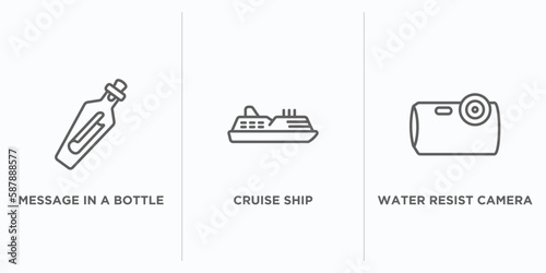 nautical outline icons set. thin line icons such as message in a bottle, cruise ship, water resist camera vector. linear icon sheet can be used web and mobile