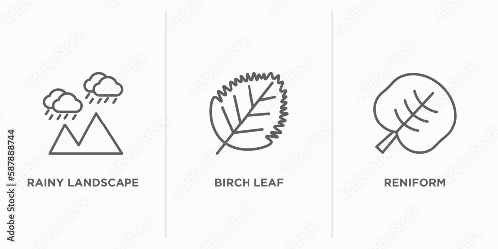 nature outline icons set. thin line icons such as rainy landscape, birch leaf, reniform vector. linear icon sheet can be used web and mobile