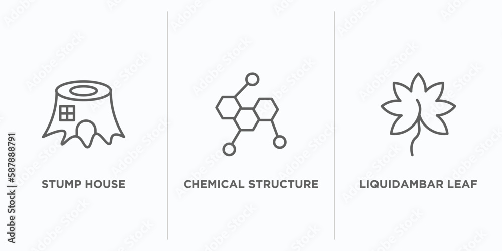 nature outline icons set. thin line icons such as stump house, chemical structure, liquidambar leaf vector. linear icon sheet can be used web and mobile