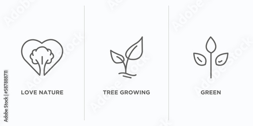 nature outline icons set. thin line icons such as love nature, tree growing, green vector. linear icon sheet can be used web and mobile
