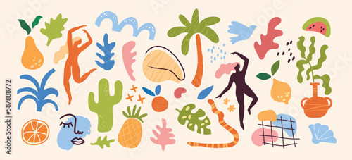 Matisse graphic shapes, natural doodles elements set. Abstract hand drawn beach elements, decorative summer animals, naked women, fruits and botanical scribbles. Vector cartoon illustration
