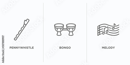 music outline icons set. thin line icons such as pennywhistle, bongo, melody vector. linear icon sheet can be used web and mobile