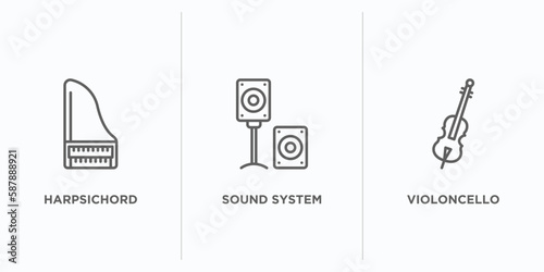 music outline icons set. thin line icons such as harpsichord, sound system, violoncello vector. linear icon sheet can be used web and mobile