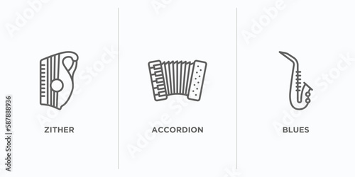 music outline icons set. thin line icons such as zither, accordion, blues vector. linear icon sheet can be used web and mobile