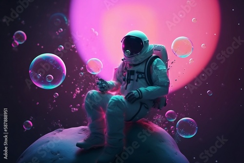 Astronaut sitting on a planet surrounded by bubbles, vibrant, ai