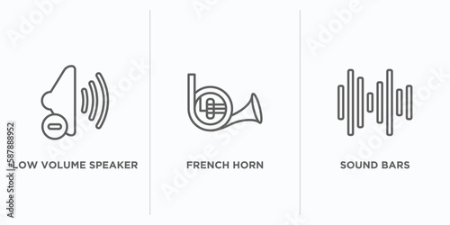 music and media outline icons set. thin line icons such as low volume speaker, french horn, sound bars vector. linear icon sheet can be used web and mobile