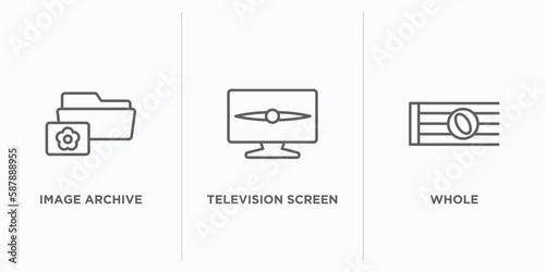 music and media outline icons set. thin line icons such as image archive, television screen off, whole vector. linear icon sheet can be used web and mobile