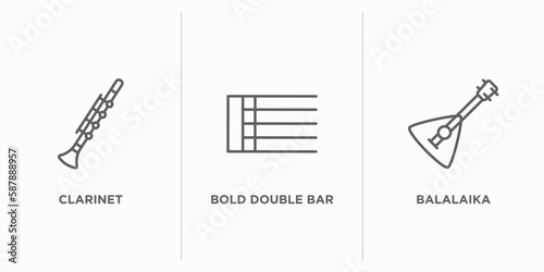 music and media outline icons set. thin line icons such as clarinet, bold double bar line, balalaika vector. linear icon sheet can be used web and mobile