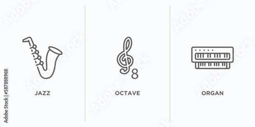 music and media outline icons set. thin line icons such as jazz, octave, organ vector. linear icon sheet can be used web and mobile