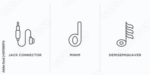 music and media outline icons set. thin line icons such as jack connector, minim, demisemiquaver vector. linear icon sheet can be used web and mobile photo