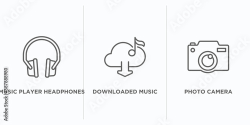 music and media outline icons set. thin line icons such as music player headphones, downloaded music cloud, photo camera vector. linear icon sheet can be used web and mobile