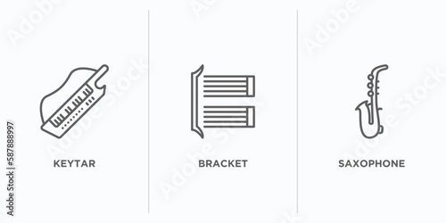 music and media outline icons set. thin line icons such as keytar, bracket, saxophone vector. linear icon sheet can be used web and mobile