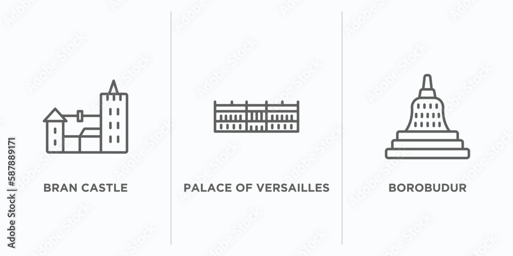monuments outline icons set. thin line icons such as bran castle, palace of versailles, borobudur vector. linear icon sheet can be used web and mobile