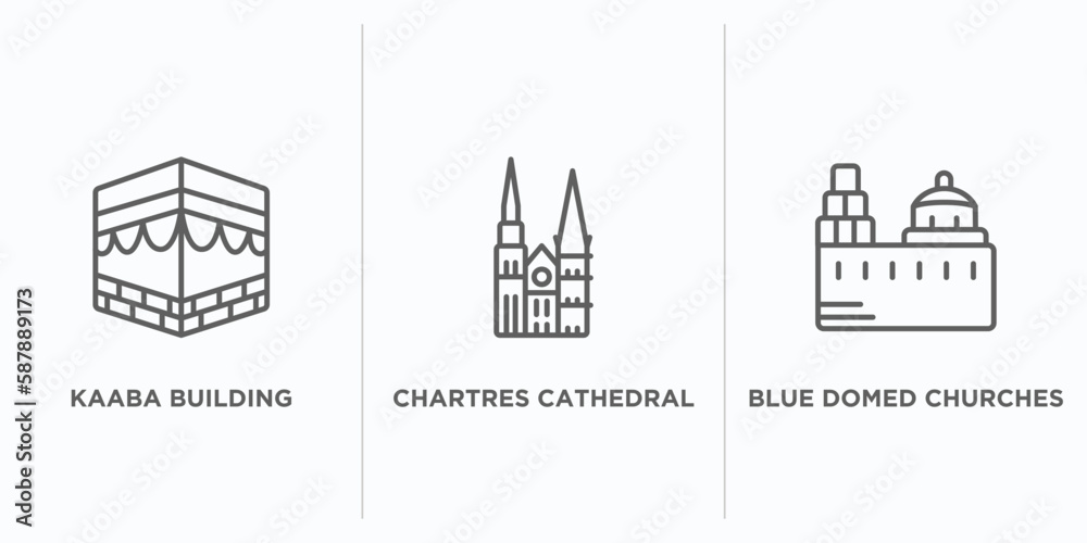 monuments outline icons set. thin line icons such as kaaba building, chartres cathedral, blue domed churches vector. linear icon sheet can be used web and mobile