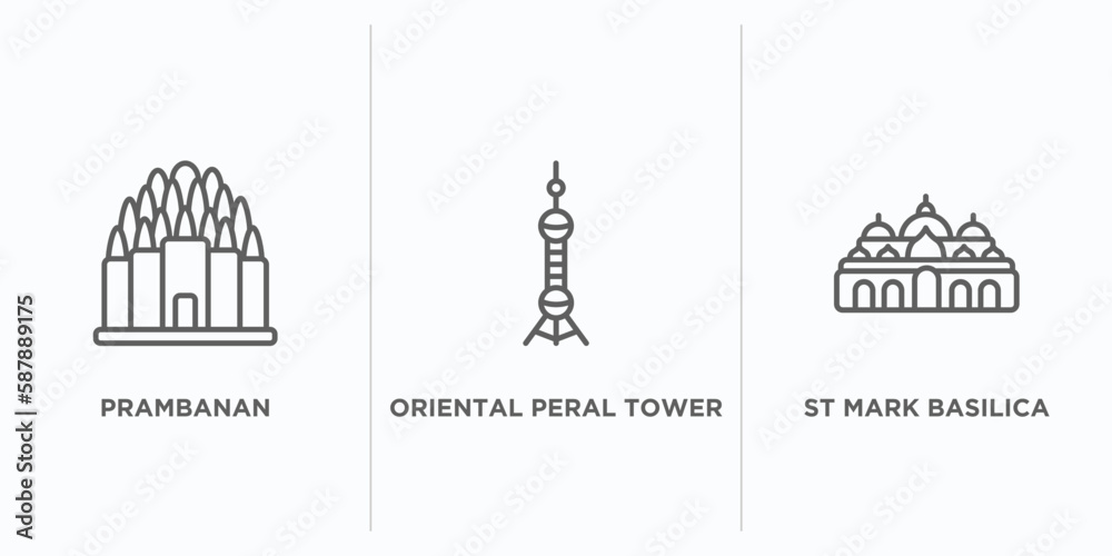 monuments outline icons set. thin line icons such as prambanan, oriental peral tower, st mark basilica vector. linear icon sheet can be used web and mobile