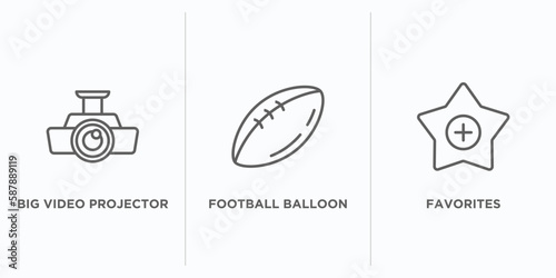 multimedia outline icons set. thin line icons such as big video projector, football balloon, favorites vector. linear icon sheet can be used web and mobile