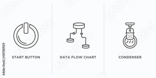 multimedia outline icons set. thin line icons such as start button, data flow chart, condenser vector. linear icon sheet can be used web and mobile
